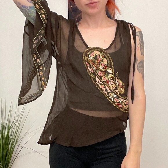 Y2K Ted Baker Floral Embroidery Sheer Top One Sleeve Size S Brown - Picture 1 of 4